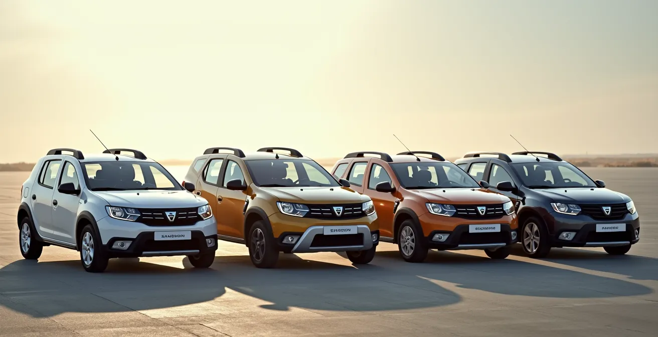 Vue artistique montrant plusieurs modèles Dacia alignés, mettant en valeur leurs formes distinctives respectives