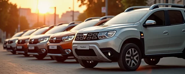 Vue dynamique d'une gamme de modèles Dacia d'occasion dans un environnement urbain lumineux et moderne