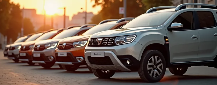 Vue dynamique d'une gamme de modèles Dacia d'occasion dans un environnement urbain lumineux et moderne