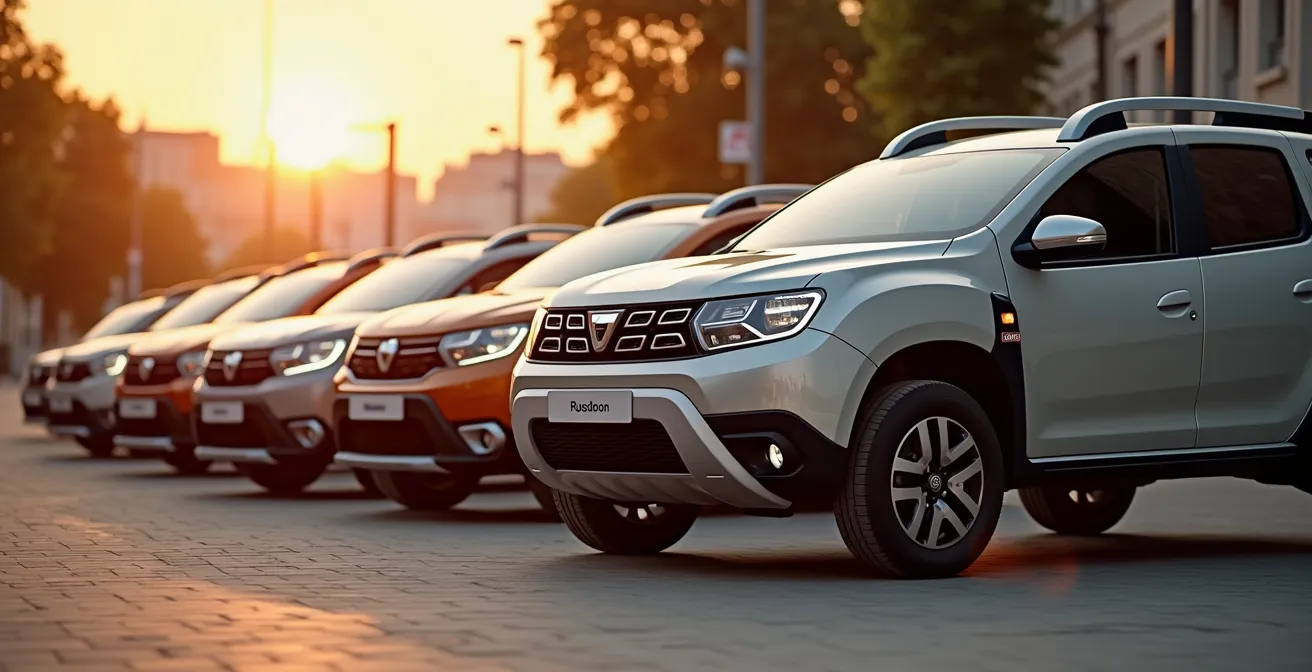 Vue dynamique d'une gamme de modèles Dacia d'occasion dans un environnement urbain lumineux et moderne