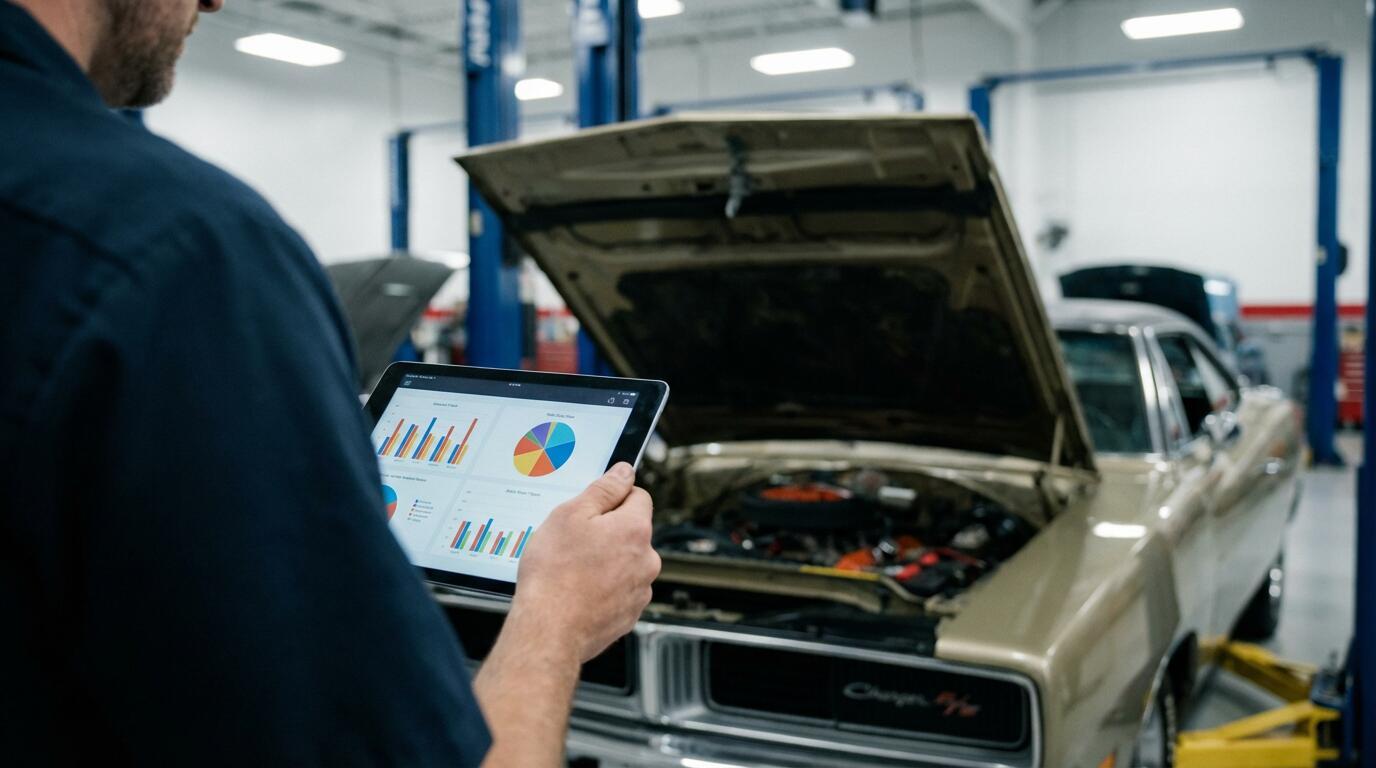 Consultation rapport historique véhicule sur tablette devant capot muscle car ouvert