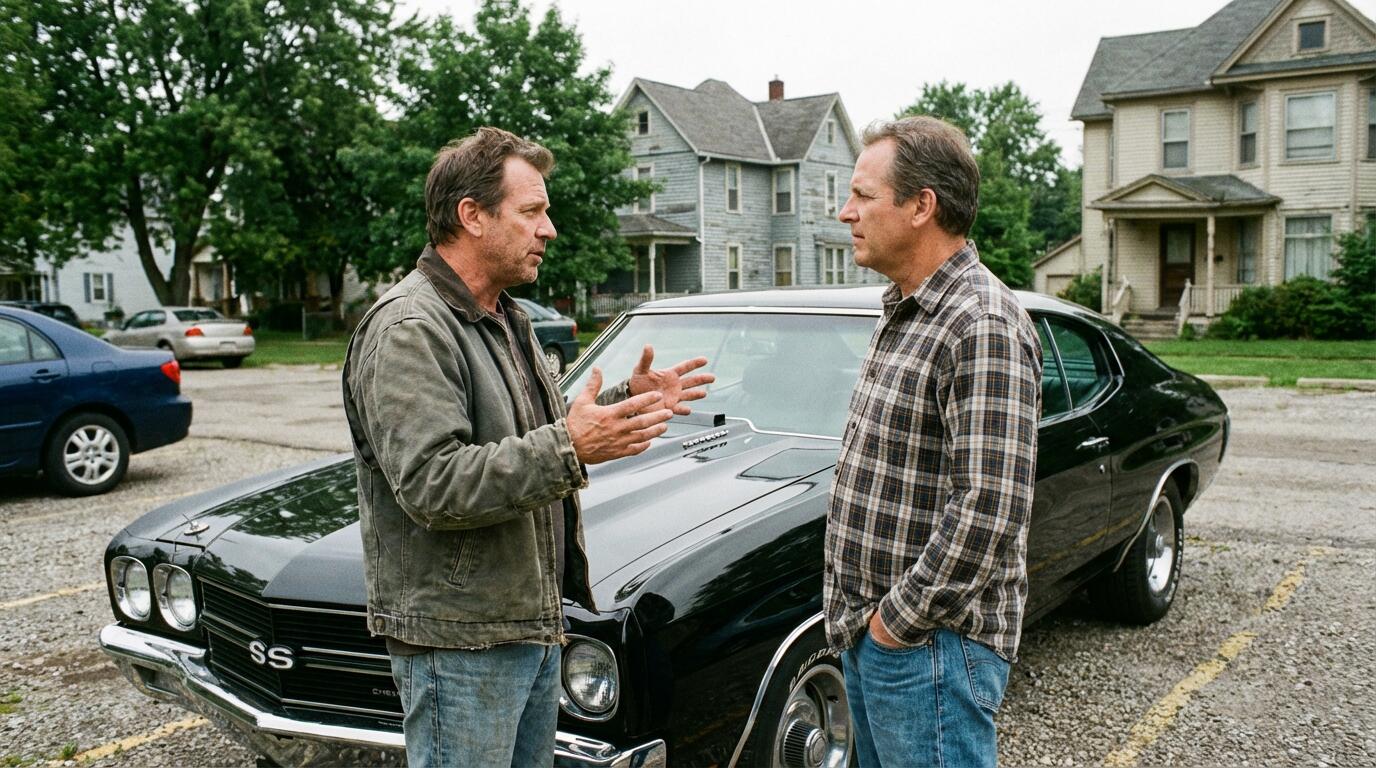 Deux hommes discutant devant muscle car américaine noire en extérieur