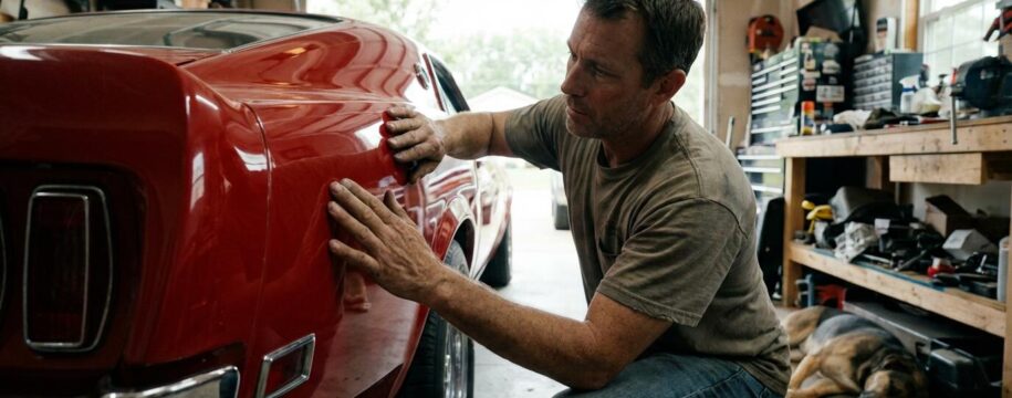 Acheteur inspectant carrosserie muscle car américaine rouge dans garage résidentiel