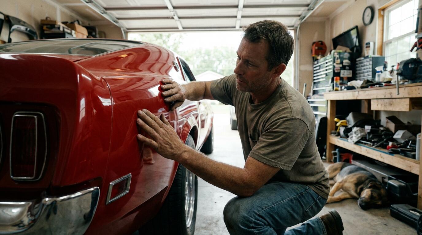 Acheteur inspectant carrosserie muscle car américaine rouge dans garage résidentiel