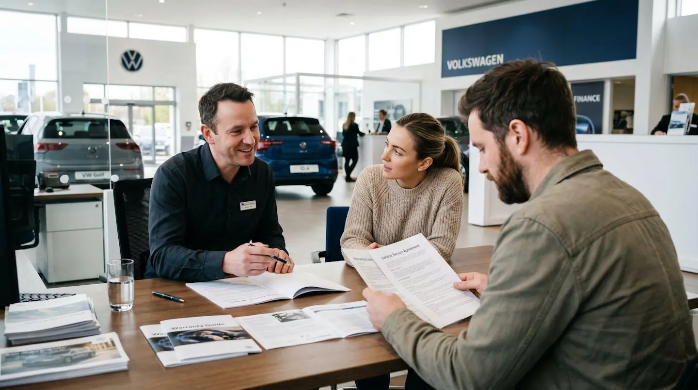 Photo lifestyle en plan moyen montrant un conseiller automobile et un couple de clients examinant des documents de garantie sur un bureau dans une concession moderne, angle par-dessus l'épaule, interaction naturelle