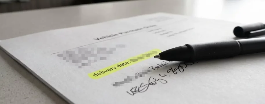 Gros plan sur un bon de commande automobile avec la ligne 'Date de livraison' mise en évidence, posé sur un bureau moderne