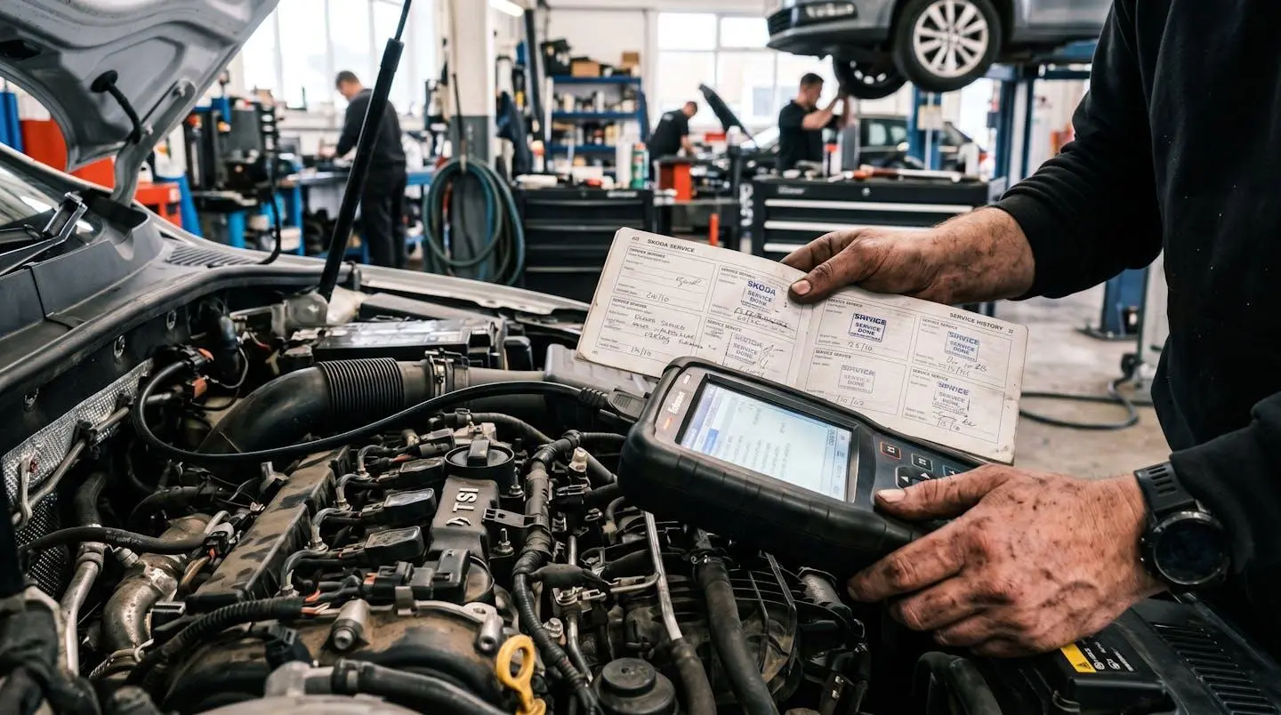 Gros plan sur les mains d'un mécanicien tenant un carnet d'entretien tamponné à côté d'un outil de diagnostic posé sur le moteur