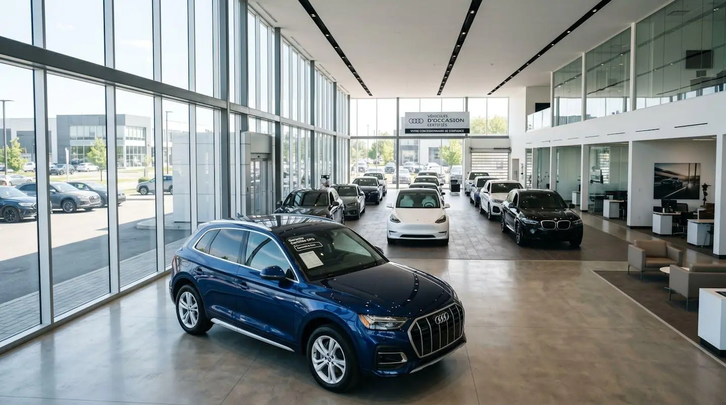 Showroom de concession avec au premier plan un véhicule d'occasion récent portant une étiquette visible mentionnant la garantie constructeur résiduelle