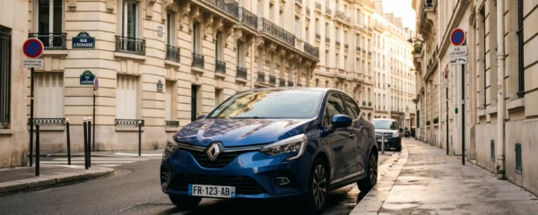 Citadine moderne garée en créneau dans une rue parisienne étroite, montrant son gabarit compact adapté au stationnement urbain contraint