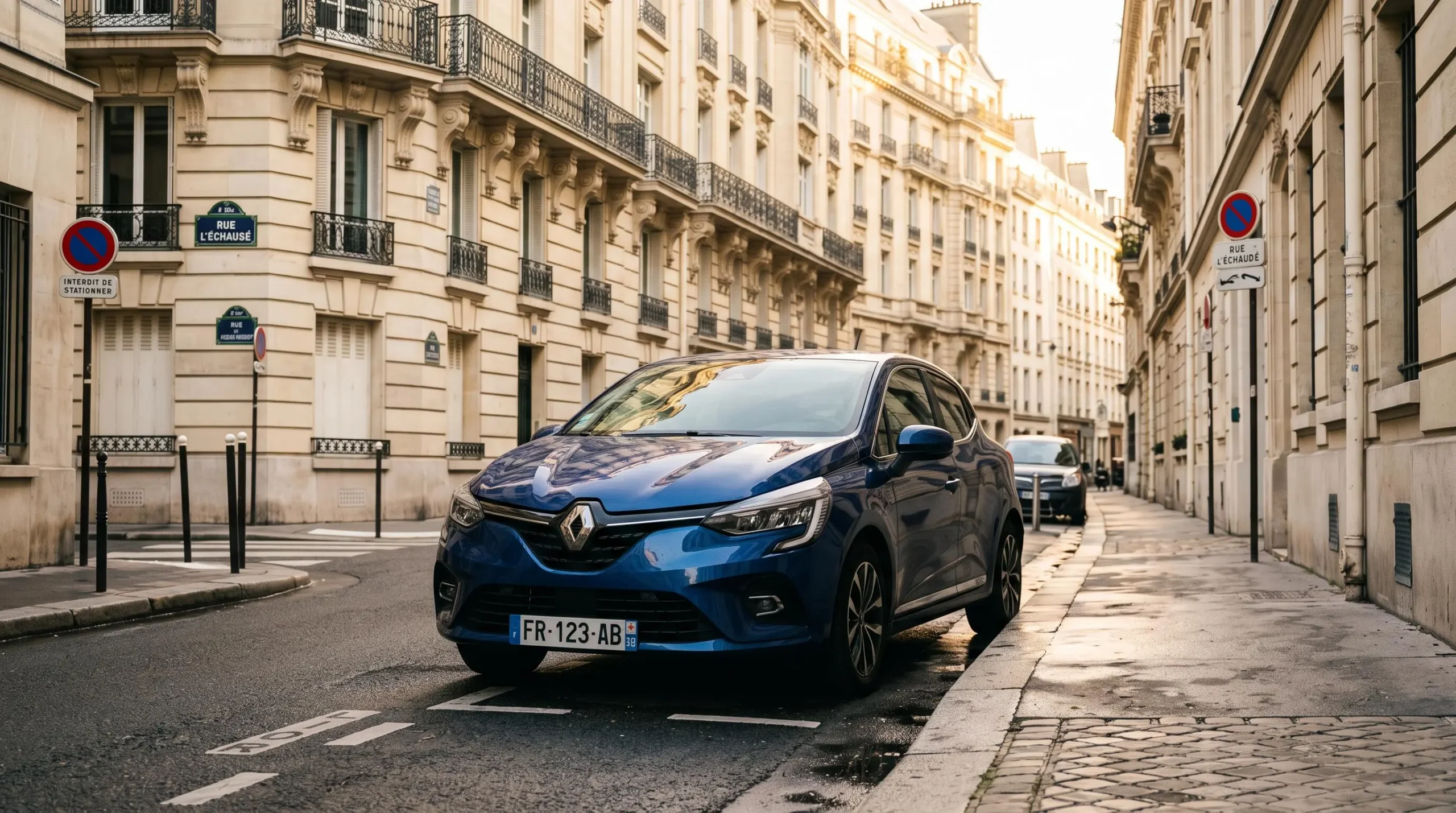 Citadine moderne garée en créneau dans une rue parisienne étroite, montrant son gabarit compact adapté au stationnement urbain contraint