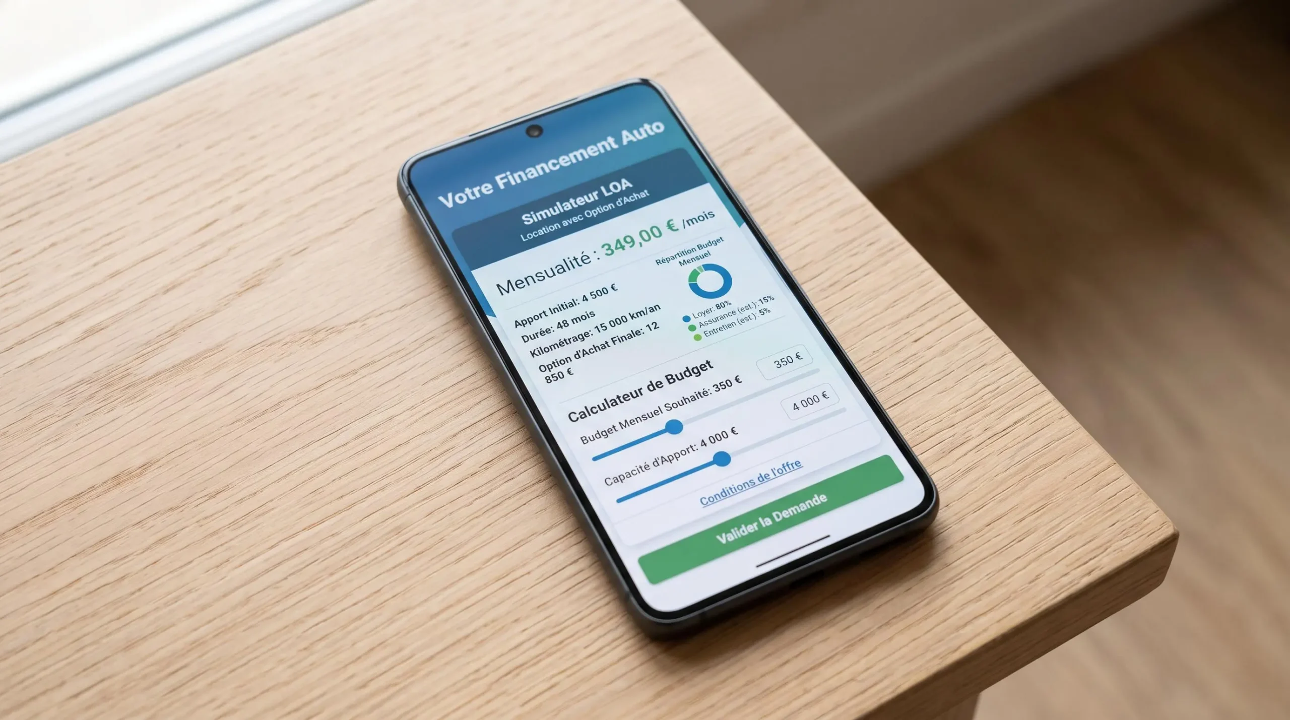 Écran de smartphone affichant une application de simulation de financement automobile en français, avec mensualités et budget mensuel détaillé visibles